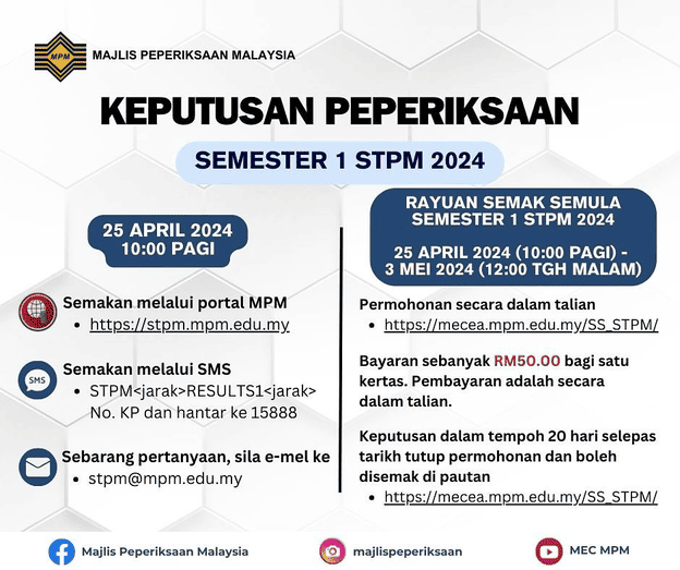 Tarikh Keputusan Semester 1 STPM 2024 Keluar Bulan April 2024